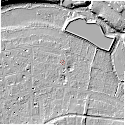 Shaded relief map of the ground around CV311DN, computed from Environment Agency LiDAR. The ground here sits at about 52 m above sea level and falls 14 m across the surrounding 800 m. Surface water reaching this point runs off ground lying to the south-west, 0.5 m higher.