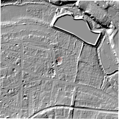 Shaded relief map of the ground around CV311DP, computed from Environment Agency LiDAR. The ground here sits at about 51 m above sea level and falls 19 m across the surrounding 800 m. Surface water reaching this point runs off ground lying to the south, 2.9 m higher.