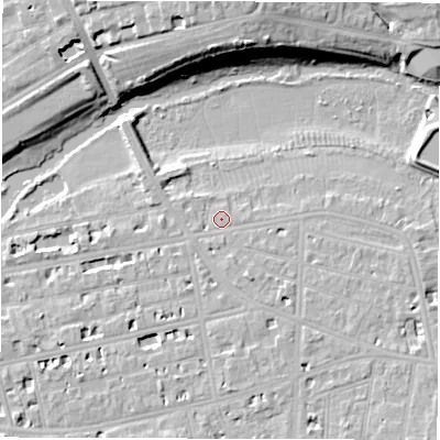 Shaded relief map of the ground around CV311DQ, computed from Environment Agency LiDAR. The ground here sits at about 52 m above sea level and falls 16 m across the surrounding 800 m. Surface water reaching this point runs off ground lying to the south-south-east, 2.2 m higher.