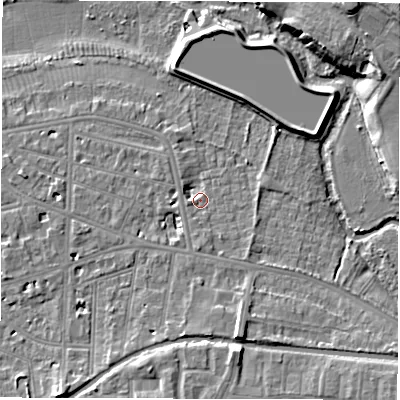 Shaded relief map of the ground around CV311DR, computed from Environment Agency LiDAR. The ground here sits at about 52 m above sea level and falls 17 m across the surrounding 800 m. Surface water reaching this point runs off ground lying to the south, 2.9 m higher.