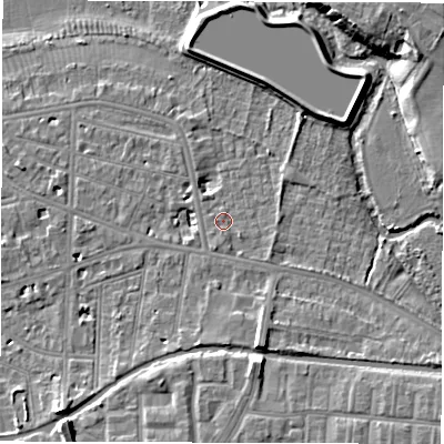 Shaded relief map of the ground around CV311DS, computed from Environment Agency LiDAR. The ground here sits at about 52 m above sea level and falls 13 m across the surrounding 800 m. Surface water reaching this point runs off ground lying to the south, 1.1 m higher.