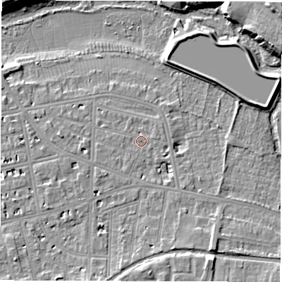 Shaded relief map of the ground around CV311DT, computed from Environment Agency LiDAR. The ground here sits at about 52 m above sea level and falls 13 m across the surrounding 800 m. Surface water reaching this point runs off ground lying to the south-east, 2.5 m higher.