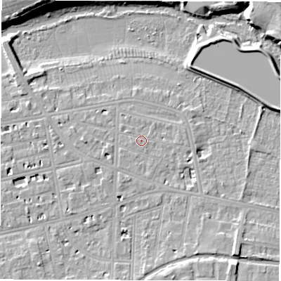 Shaded relief map of the ground around CV311DU, computed from Environment Agency LiDAR. The ground here sits at about 52 m above sea level and falls 12 m across the surrounding 800 m. Surface water reaching this point runs off ground lying to the south-south-east, 0.9 m higher.