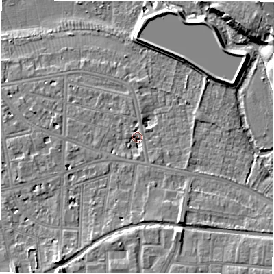 Shaded relief map of the ground around CV311DW, computed from Environment Agency LiDAR. The ground here sits at about 52 m above sea level and falls 12 m across the surrounding 800 m. Surface water reaching this point runs off ground lying to the south, 2.5 m higher.