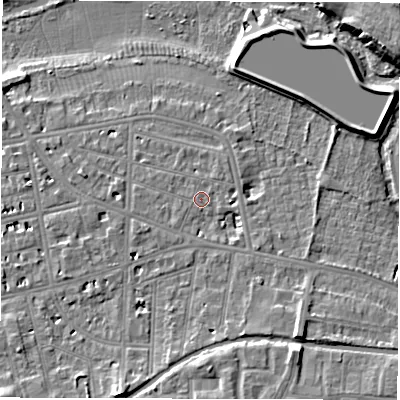Shaded relief map of the ground around CV311DX, computed from Environment Agency LiDAR. The ground here sits at about 52 m above sea level and falls 12 m across the surrounding 800 m. Surface water reaching this point runs off ground lying to the south-east, 2.5 m higher.