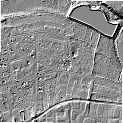 Shaded relief map of the ground around CV311DY, computed from Environment Agency LiDAR. The ground here sits at about 52 m above sea level and falls 11 m across the surrounding 800 m. Surface water reaching this point runs off ground lying to the south-east, 2.5 m higher.