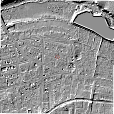 Shaded relief map of the ground around CV311DZ, computed from Environment Agency LiDAR. The ground here sits at about 52 m above sea level and falls 10 m across the surrounding 800 m. Surface water reaching this point runs off ground lying to the south, 0.6 m higher.