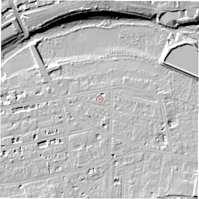 Shaded relief map of the ground around CV311EA, computed from Environment Agency LiDAR. The ground here sits at about 52 m above sea level and falls 15 m across the surrounding 800 m. Surface water reaching this point runs off ground lying to the south-south-east, 0.8 m higher.