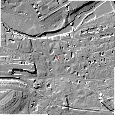 Shaded relief map of the ground around CV311EE, computed from Environment Agency LiDAR. The ground here sits at about 50 m above sea level and falls 20 m across the surrounding 800 m. Surface water reaching this point runs off ground lying to the south-west, 17.9 m higher.