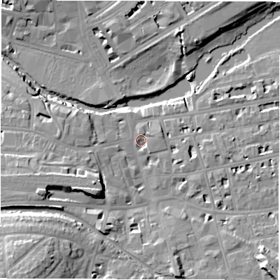 Shaded relief map of the ground around CV311EF, computed from Environment Agency LiDAR. The ground here sits at about 50 m above sea level and falls 19 m across the surrounding 800 m. Surface water reaching this point runs off ground lying to the south-west, 12.6 m higher.