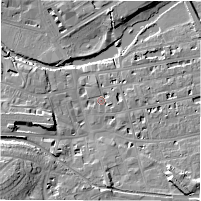 Shaded relief map of the ground around CV311EG, computed from Environment Agency LiDAR. The ground here sits at about 51 m above sea level and falls 19 m across the surrounding 800 m. Surface water reaching this point runs off ground lying to the east, 3.3 m higher.