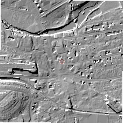 Shaded relief map of the ground around CV311EH, computed from Environment Agency LiDAR. The ground here sits at about 51 m above sea level and falls 20 m across the surrounding 800 m. Surface water reaching this point runs off ground lying to the south, 0.6 m higher.