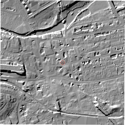Shaded relief map of the ground around CV311EJ, computed from Environment Agency LiDAR. The ground here sits at about 52 m above sea level and falls 17 m across the surrounding 800 m. Surface water reaching this point runs off ground lying to the north-east, 1.2 m higher.