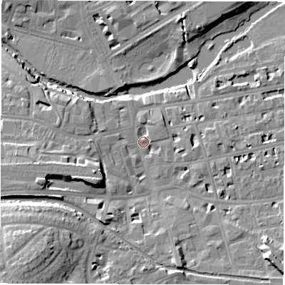 Shaded relief map of the ground around CV311EL, computed from Environment Agency LiDAR. The ground here sits at about 50 m above sea level and falls 21 m across the surrounding 800 m. Surface water reaching this point runs off ground lying to the south-west, 18.5 m higher.