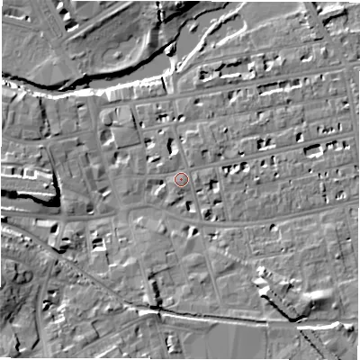 Shaded relief map of the ground around CV311EP, computed from Environment Agency LiDAR. The ground here sits at about 52 m above sea level and falls 17 m across the surrounding 800 m. Surface water reaching this point runs off ground lying to the east, 2.6 m higher.