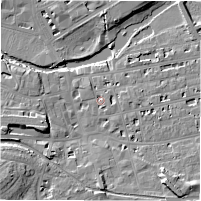Shaded relief map of the ground around CV311ER, computed from Environment Agency LiDAR. The ground here sits at about 51 m above sea level and falls 19 m across the surrounding 800 m. Surface water reaching this point runs off ground lying to the east-south-east, 3.3 m higher.