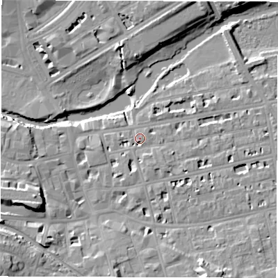 Shaded relief map of the ground around CV311ES, computed from Environment Agency LiDAR. The ground here sits at about 51 m above sea level and falls 15 m across the surrounding 800 m. Surface water reaching this point runs off ground lying to the east, 3.1 m higher.