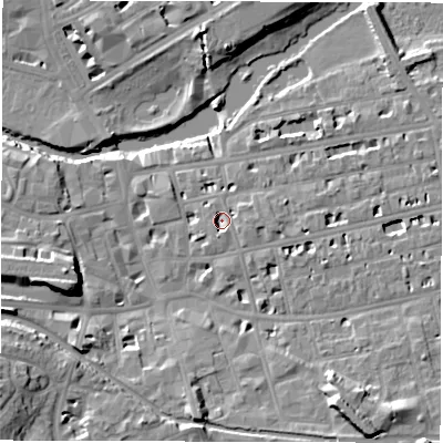 Shaded relief map of the ground around CV311ET, computed from Environment Agency LiDAR. The ground here sits at about 50 m above sea level and falls 16 m across the surrounding 800 m. Surface water reaching this point runs off ground lying to the east, 2.1 m higher.