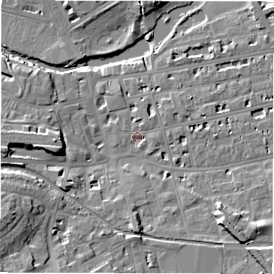 Shaded relief map of the ground around CV311EU, computed from Environment Agency LiDAR. The ground here sits at about 50 m above sea level and falls 19 m across the surrounding 800 m. Surface water reaching this point runs off ground lying to the south-east, 9.4 m higher.
