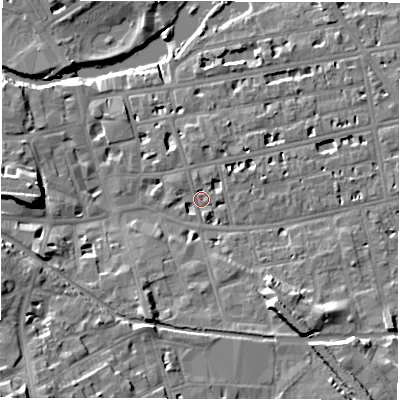 Shaded relief map of the ground around CV311HA, computed from Environment Agency LiDAR. The ground here sits at about 51 m above sea level and falls 19 m across the surrounding 800 m. Surface water reaching this point runs off ground lying to the north-east, 2.6 m higher.