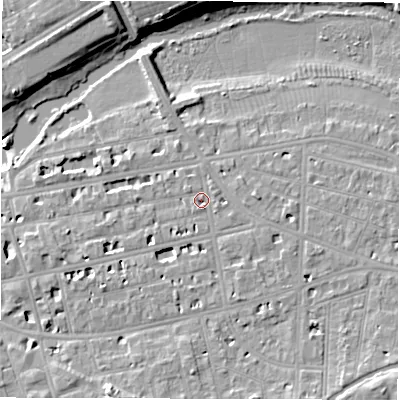 Shaded relief map of the ground around CV311HB, computed from Environment Agency LiDAR. The ground here sits at about 52 m above sea level and falls 13 m across the surrounding 800 m. Surface water reaching this point runs off ground lying to the south-south-east, 2.5 m higher.