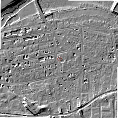 Shaded relief map of the ground around CV311HJ, computed from Environment Agency LiDAR. The ground here sits at about 52 m above sea level and falls 10 m across the surrounding 800 m. Surface water reaching this point runs off ground lying to the south-east, 1.5 m higher.