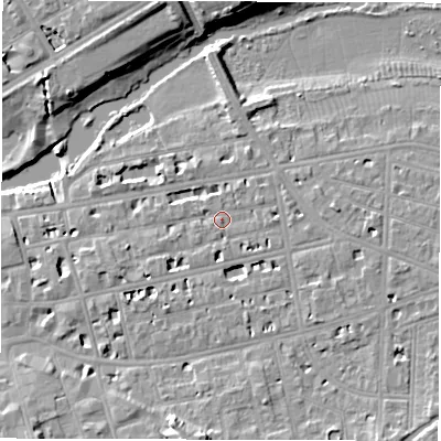 Shaded relief map of the ground around CV311HL, computed from Environment Agency LiDAR. The ground here sits at about 52 m above sea level and falls 12 m across the surrounding 800 m. Surface water reaching this point runs off ground lying to the south-east, 2.5 m higher.