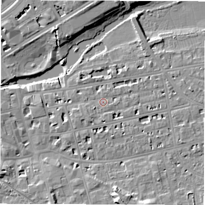 Shaded relief map of the ground around CV311HP, computed from Environment Agency LiDAR. The ground here sits at about 52 m above sea level and falls 12 m across the surrounding 800 m. Surface water reaching this point runs off ground lying to the east-south-east, 2.5 m higher.