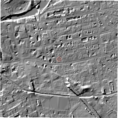 Shaded relief map of the ground around CV311HQ, computed from Environment Agency LiDAR. The ground here sits at about 51 m above sea level and falls 16 m across the surrounding 800 m. Surface water reaching this point runs off ground lying to the north-east, 2.2 m higher.