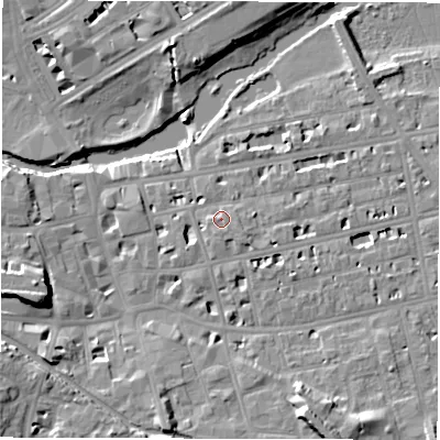 Shaded relief map of the ground around CV311HT, computed from Environment Agency LiDAR. The ground here sits at about 52 m above sea level and falls 13 m across the surrounding 800 m. Surface water reaching this point runs off ground lying to the south, 1.3 m higher.