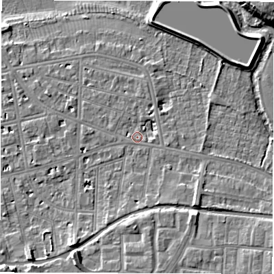 Shaded relief map of the ground around CV311JZ, computed from Environment Agency LiDAR. The ground here sits at about 52 m above sea level and falls 9 m across the surrounding 800 m. Surface water reaching this point runs off ground lying to the south-south-east, 2.4 m higher.