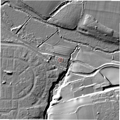 Shaded relief map of the ground around CV311LA, computed from Environment Agency LiDAR. The ground here sits at about 53 m above sea level and falls 21 m across the surrounding 800 m. Surface water reaching this point runs off ground lying to the west, 4.0 m higher.