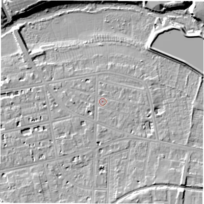 Shaded relief map of the ground around CV311LH, computed from Environment Agency LiDAR. The ground here sits at about 52 m above sea level and falls 12 m across the surrounding 800 m. Surface water reaching this point runs off ground lying to the south-south-east, 4.1 m higher.