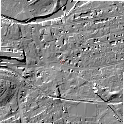 Shaded relief map of the ground around CV311LN, computed from Environment Agency LiDAR. The ground here sits at about 51 m above sea level and falls 20 m across the surrounding 800 m. Surface water reaching this point runs off ground lying to the south-east, 9.4 m higher.