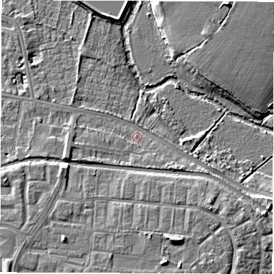 Shaded relief map of the ground around CV311LQ, computed from Environment Agency LiDAR. The ground here sits at about 53 m above sea level and falls 12 m across the surrounding 800 m. Surface water reaching this point runs off ground lying to the west-south-west, 5.0 m higher.