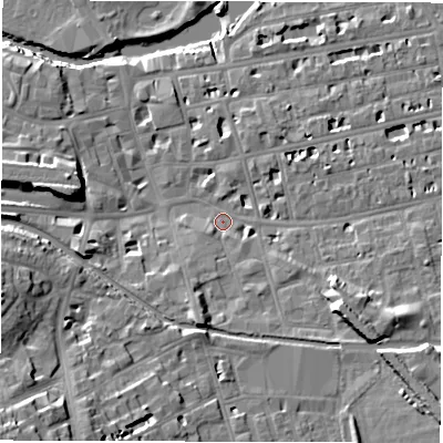 Shaded relief map of the ground around CV311LW, computed from Environment Agency LiDAR. The ground here sits at about 51 m above sea level and falls 21 m across the surrounding 800 m. Surface water reaching this point runs off ground lying to the south-east, 9.4 m higher.