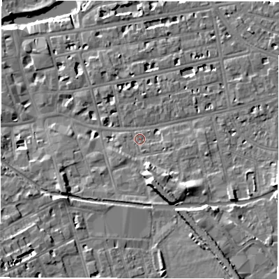 Shaded relief map of the ground around CV311LX, computed from Environment Agency LiDAR. The ground here sits at about 52 m above sea level and falls 16 m across the surrounding 800 m. Surface water reaching this point runs off ground lying to the south-south-east, 6.9 m higher.