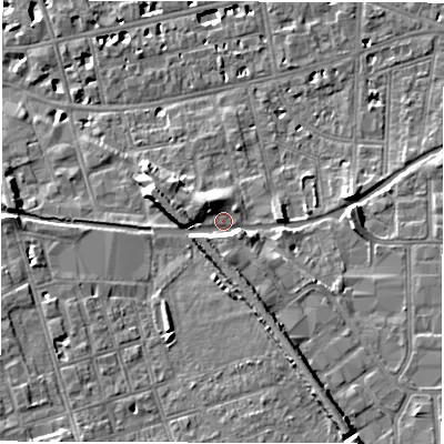 Shaded relief map of the ground around CV311LY, computed from Environment Agency LiDAR. The ground here sits at about 54 m above sea level and falls 12 m across the surrounding 800 m. Surface water reaching this point runs off ground lying to the south-south-east, 5.0 m higher.