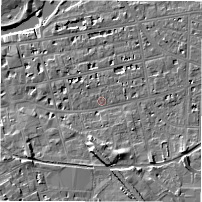 Shaded relief map of the ground around CV311NF, computed from Environment Agency LiDAR. The ground here sits at about 52 m above sea level and falls 13 m across the surrounding 800 m. Surface water reaching this point runs off ground lying to the south-south-east, 5.9 m higher.
