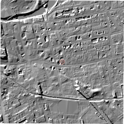 Shaded relief map of the ground around CV311NG, computed from Environment Agency LiDAR. The ground here sits at about 52 m above sea level and falls 18 m across the surrounding 800 m. Surface water reaching this point runs off ground lying to the south-east, 7.3 m higher.