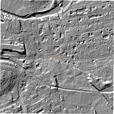 Shaded relief map of the ground around CV311NH, computed from Environment Agency LiDAR. The ground here sits at about 50 m above sea level and falls 21 m across the surrounding 800 m. Surface water reaching this point runs off ground lying to the south-east, 9.4 m higher.