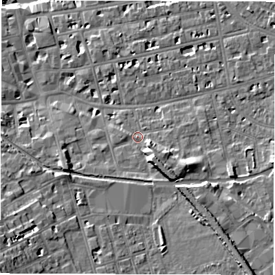 Shaded relief map of the ground around CV312AZ, computed from Environment Agency LiDAR. The ground here sits at about 52 m above sea level and falls 19 m across the surrounding 800 m. Surface water reaching this point runs off ground lying to the south-east, 6.6 m higher.