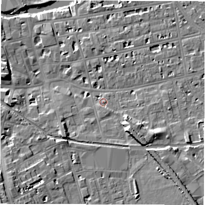 Shaded relief map of the ground around CV312DA, computed from Environment Agency LiDAR. The ground here sits at about 52 m above sea level and falls 20 m across the surrounding 800 m. Surface water reaching this point runs off ground lying to the south-east, 2.8 m higher.