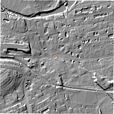 Shaded relief map of the ground around CV312DH, computed from Environment Agency LiDAR. The ground here sits at about 51 m above sea level and falls 21 m across the surrounding 800 m. Surface water reaching this point runs off ground lying to the east-south-east, 9.4 m higher.