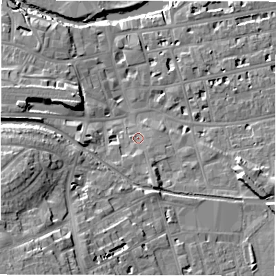 Shaded relief map of the ground around CV312DL, computed from Environment Agency LiDAR. The ground here sits at about 52 m above sea level and falls 22 m across the surrounding 800 m. Surface water reaching this point runs off ground lying to the south-south-east, 3.9 m higher.
