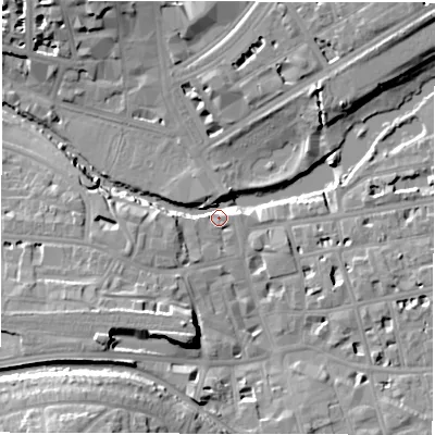 Shaded relief map of the ground around CV313AA, computed from Environment Agency LiDAR. The ground here sits at about 51 m above sea level and falls 18 m across the surrounding 800 m. Surface water reaching this point runs off ground lying to the south-west, 14.9 m higher.