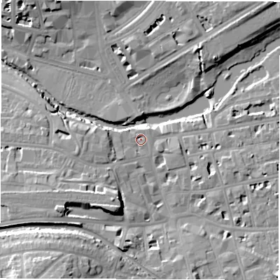 Shaded relief map of the ground around CV313AB, computed from Environment Agency LiDAR. The ground here sits at about 50 m above sea level and falls 18 m across the surrounding 800 m. Surface water reaching this point runs off ground lying to the west-south-west, 7.8 m higher.