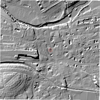 Shaded relief map of the ground around CV313AE, computed from Environment Agency LiDAR. The ground here sits at about 51 m above sea level and falls 22 m across the surrounding 800 m. Surface water reaching this point runs off ground lying to the south-west, 19.4 m higher.