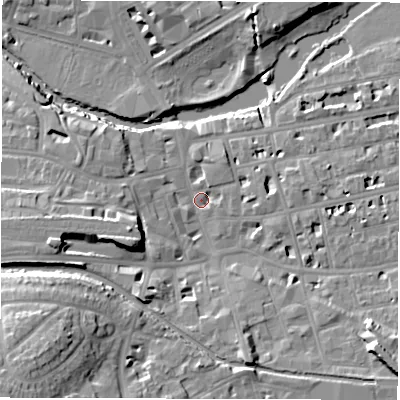 Shaded relief map of the ground around CV313AF, computed from Environment Agency LiDAR. The ground here sits at about 50 m above sea level and falls 21 m across the surrounding 800 m. Surface water reaching this point runs off ground lying to the south-west, 18.8 m higher.
