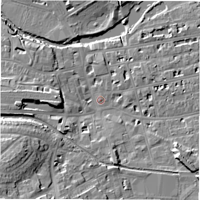 Shaded relief map of the ground around CV313AG, computed from Environment Agency LiDAR. The ground here sits at about 51 m above sea level and falls 21 m across the surrounding 800 m. Surface water reaching this point runs off ground lying to the south-west, 18.3 m higher.